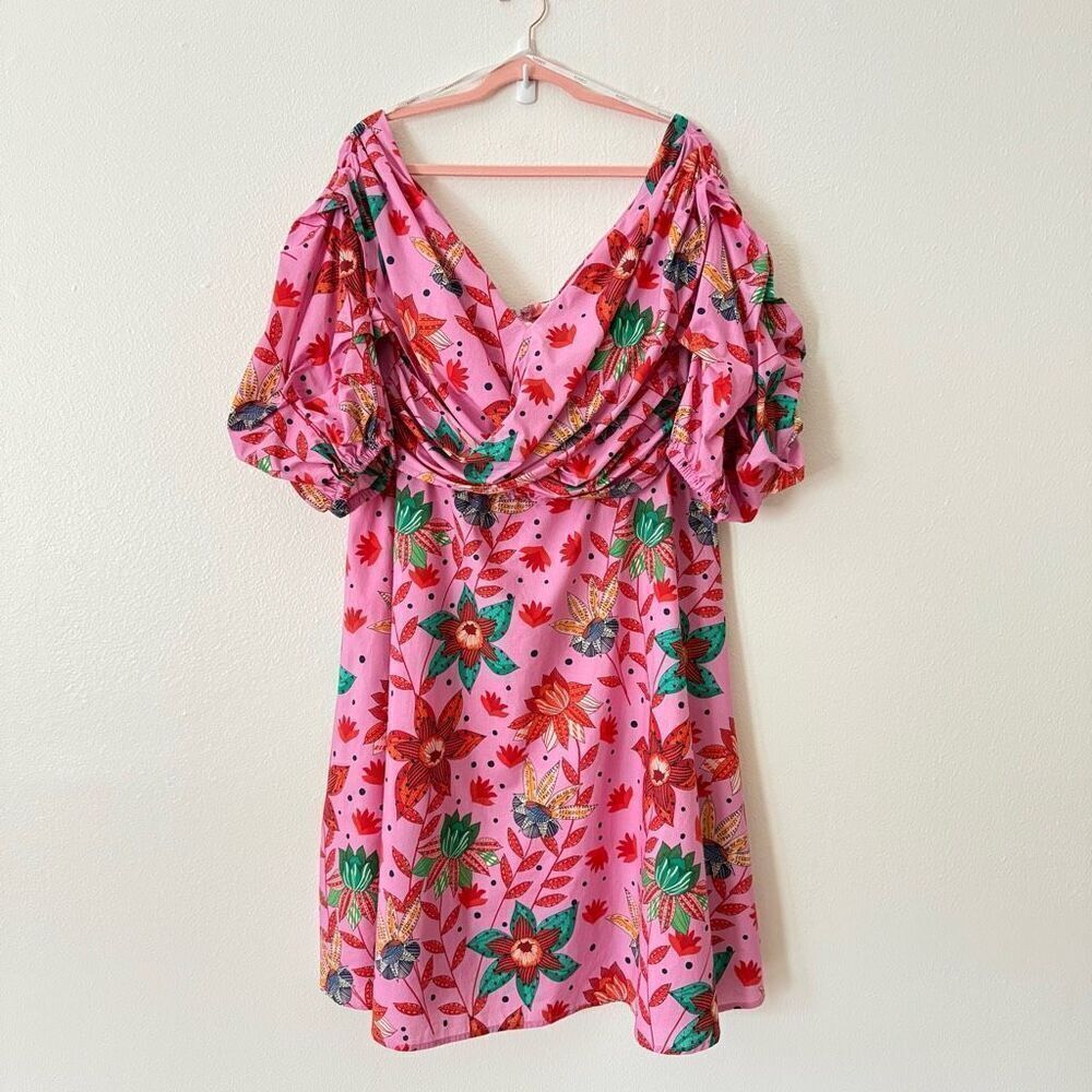 Eloquii Women's Size 18 Plus Pink Floral Puff Sleeve Mini Drape Dress